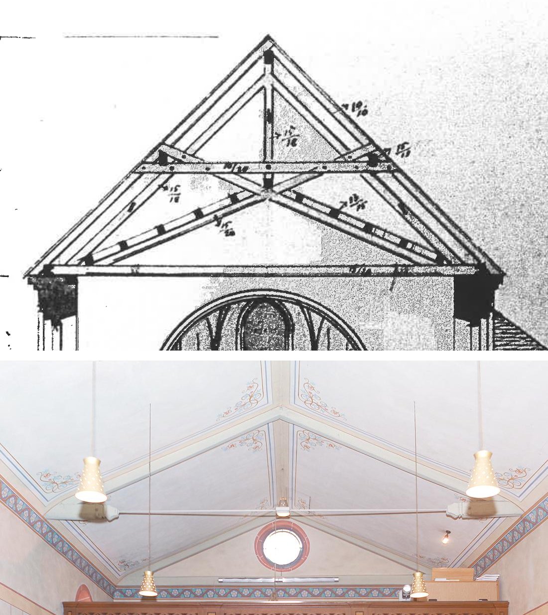 Oben der Querschnitt aus dem Bauplan von 1904 mit Querbalken und gekreuzten Streben, unten die bemalte Decke im Schiff heute mit eiserner Zugstange