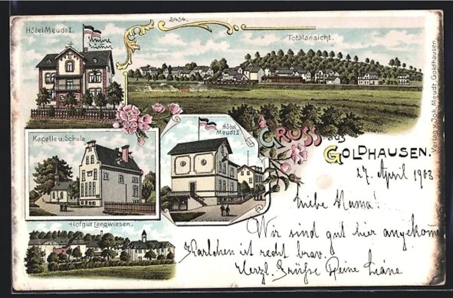 Historische Postkarte „Gruss aus Goldhausen“ von 1903 mit Kapelle und Schule