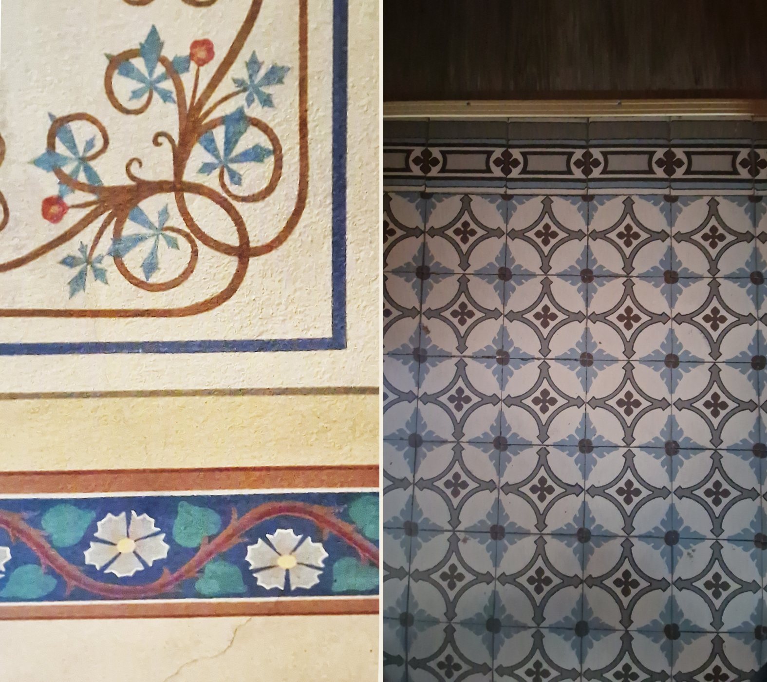 Links Ranken an der Wand, in der Farbfassung, die auf den Umbau von 1905 zurückgeht. Rechts alte Fliesen mit Blattkreuzen.